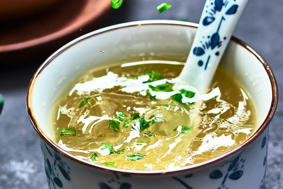 A bowl of warm soup with a spoon