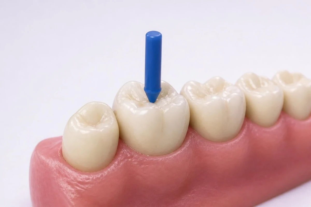 3D illustration of a row of lower back teeth in the gum, with a small blue plastic bite stick standing on one cusp of a molar, as used for a bite test