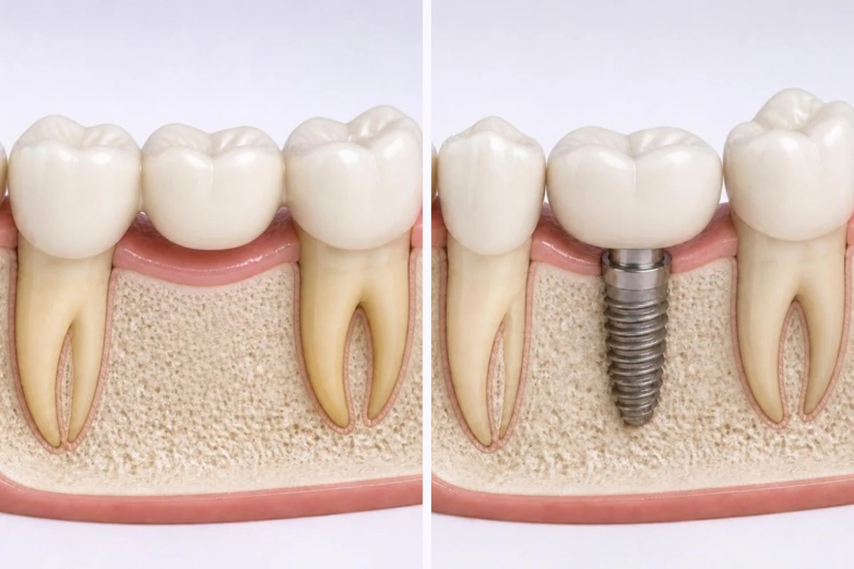 3D illustration of a jaw cutaway shown twice: on the left a three-unit bridge, with crowns on the two neighbouring teeth joined to a replacement tooth that rests on the gum with nothing in the bone beneath it; on the right a dental implant in the bone with a crown, between the two neighbouring teeth