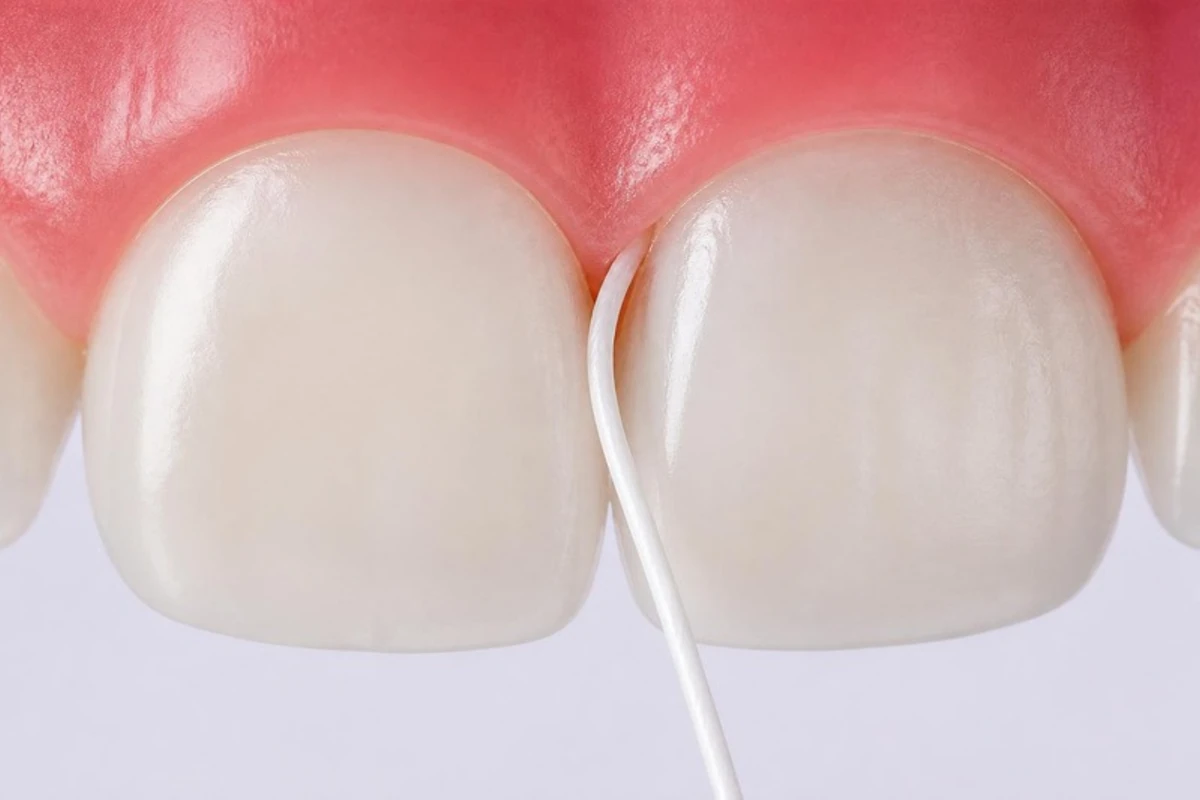 3D illustration of white dental floss slid into the gap between two upper front teeth, curving against the side of one tooth up to the gum