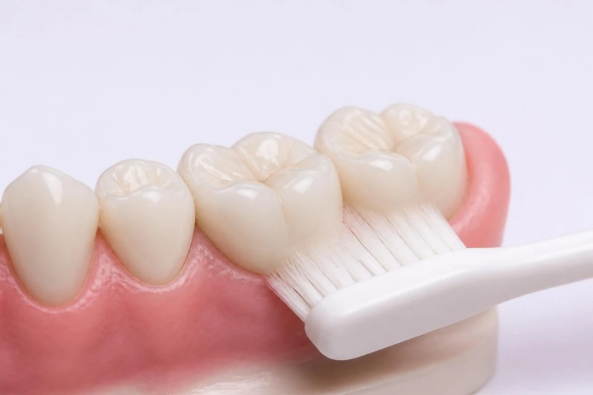 3D illustration of a soft toothbrush on the lower back teeth, the bristles angled into the gum line for short, gentle strokes