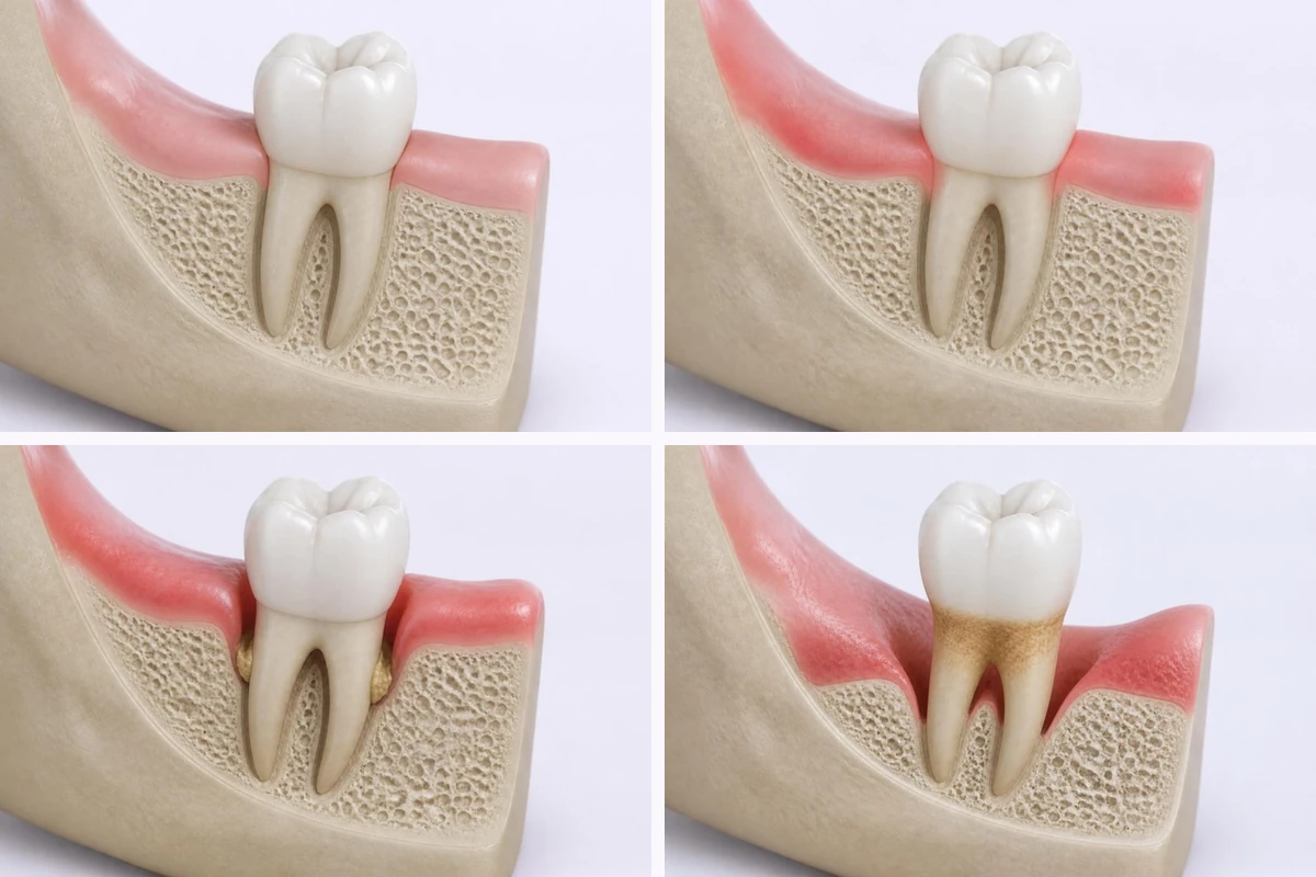 3D illustration of a lower back tooth cut open in the jaw, shown four times at four stages of gum disease: healthy gum and bone; a red, swollen gum edge; a pocket with tartar on the root; and a receding gum with much lower bone and tartar on the exposed root