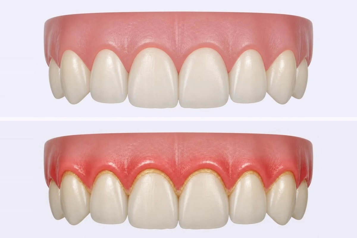 3D illustration of the upper front teeth shown twice: on top, healthy pale pink gums with a thin, firm edge along every tooth; below, the same teeth with gingivitis, where the gum edge is red, puffy and rounded, with a little plaque at the gum line