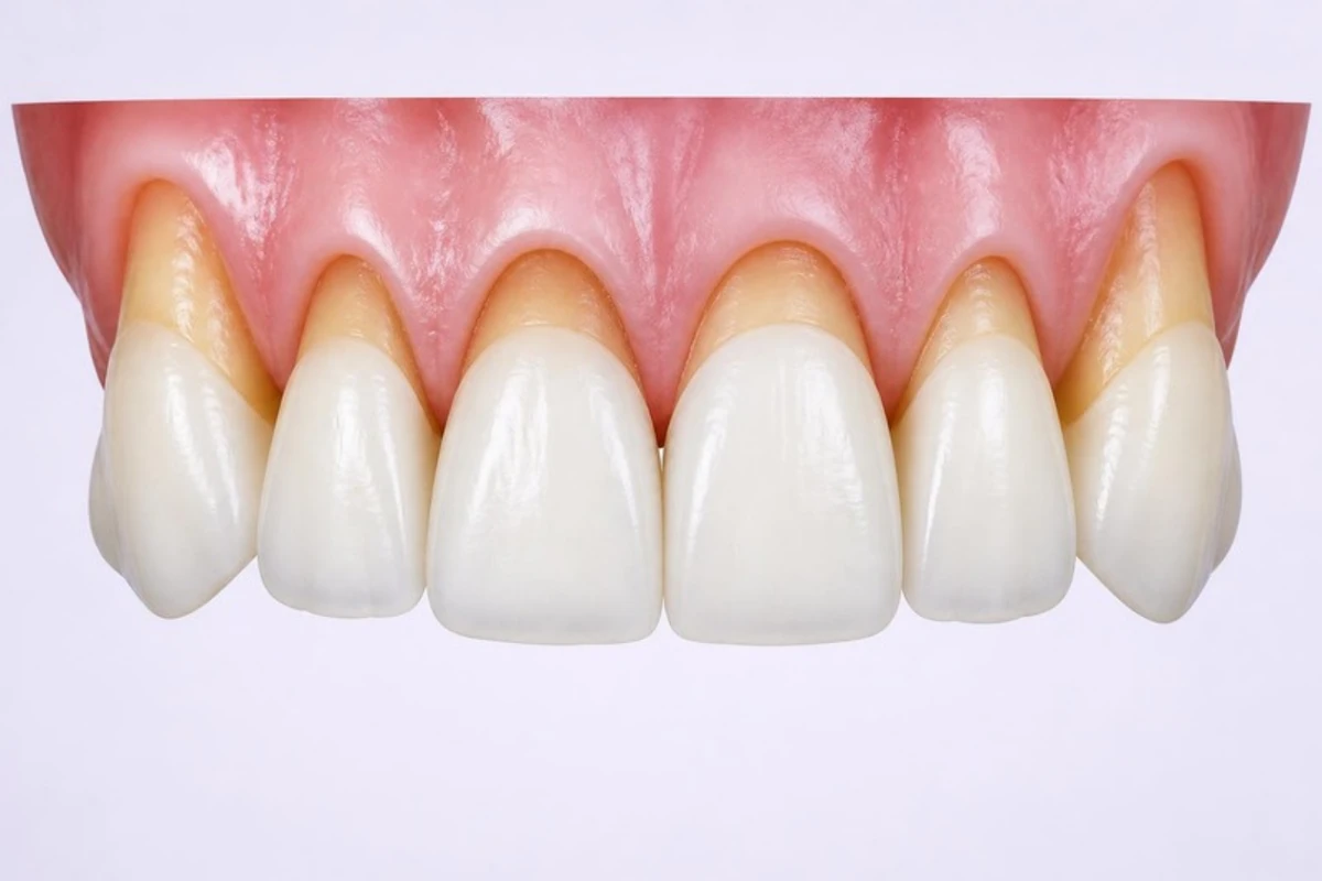 3D illustration of the upper front teeth with receding gums: the gum edge has moved up, so a band of darker yellow root shows between the white crown and the pink gum, most clearly on the canines