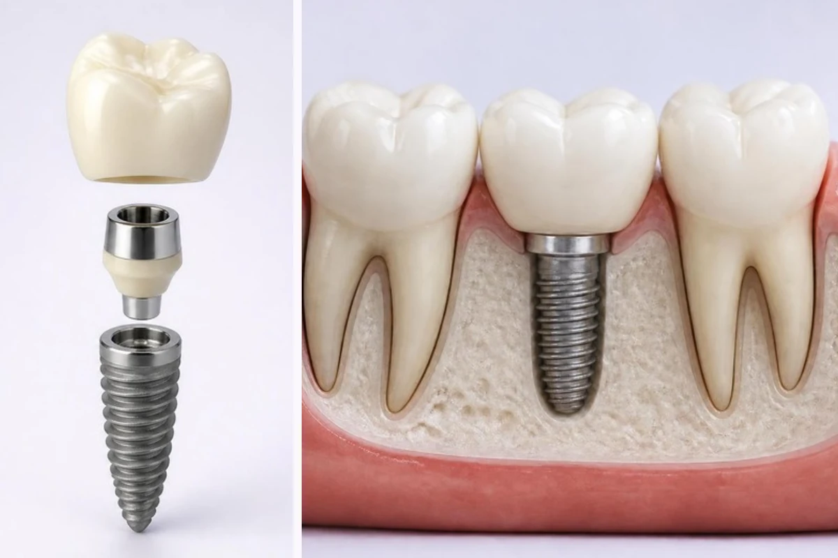 3D illustration of a dental implant in two views: on the left the three parts pulled apart, the threaded implant post at the bottom, the abutment in the middle and the crown at the top; on the right the same kind of implant in the jaw, with the post in the bone, the abutment passing through the gum and the crown on top between two natural teeth