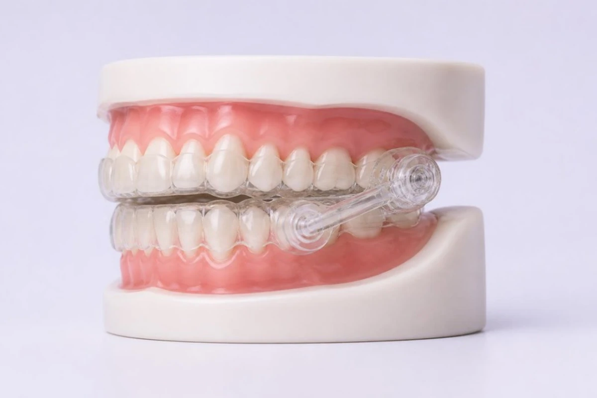 3D illustration of a dental model wearing a two-piece mandibular advancement device: clear trays on the upper and lower teeth joined by side connectors, holding the lower jaw slightly forward