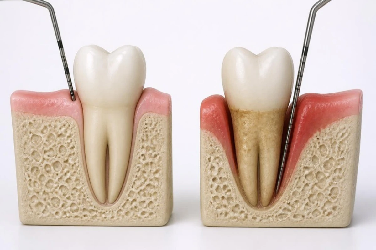 3D illustration of two teeth cut open in the jaw with a periodontal probe beside each: on the left healthy gum hugging the tooth, the probe reaching only a shallow groove; on the right red, swollen gum pulled away from the root, the probe reaching deep down a pocket, with tartar on the root and lower bone