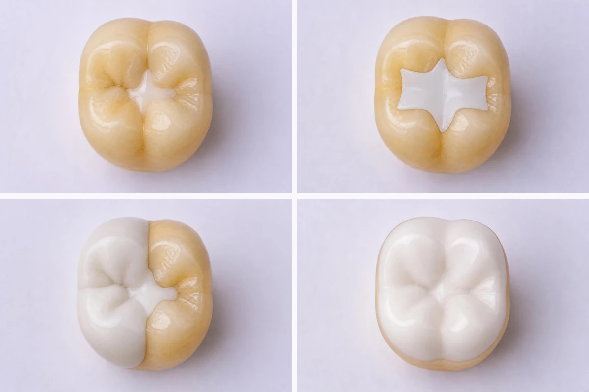 3D illustration of the same back tooth seen from above four times: with a small filling in the groove, with an inlay filling the middle between the cusps, with an onlay covering the middle and the cusps on one side, and with a crown covering the whole chewing surface