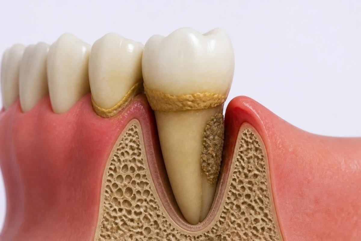 3D illustration of a lower tooth cut open in the jaw: a rough yellow-brown band of tartar on the crown just above the gum line, and a dark deposit of tartar on the root inside a gum pocket on the right, with red gum beside it and bone around the root