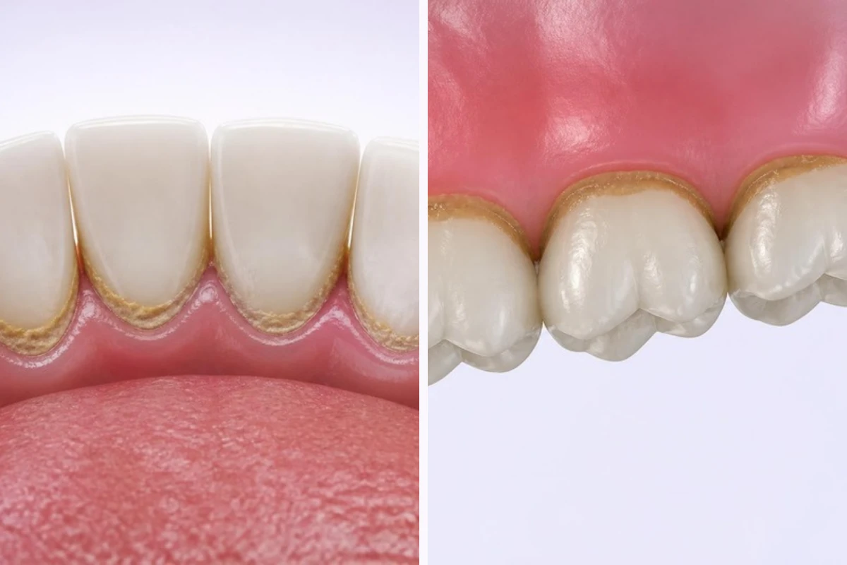3D illustration in two parts: tartar along the gum line on the tongue side of the lower front teeth, and on the cheek side of the upper back teeth