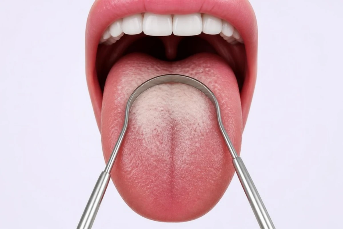 3D illustration of an open mouth seen from the front with the tongue stuck out: a thin whitish coating on the back of the tongue, and a U-shaped metal tongue scraper resting across the back of the tongue with its two handles pointing toward the viewer