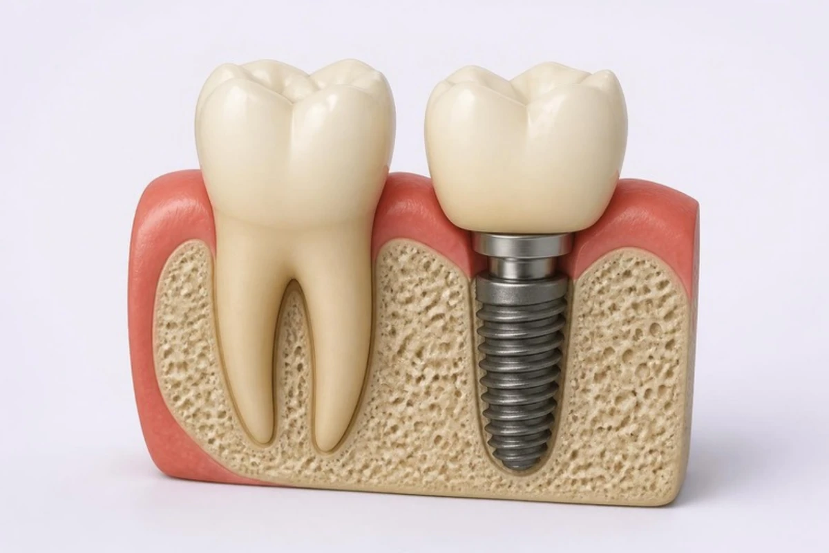 3D illustration of a jaw cutaway comparing a natural molar, whose two roots are held in the jawbone, with a dental implant: a threaded titanium post in the bone with an abutment and a crown on top