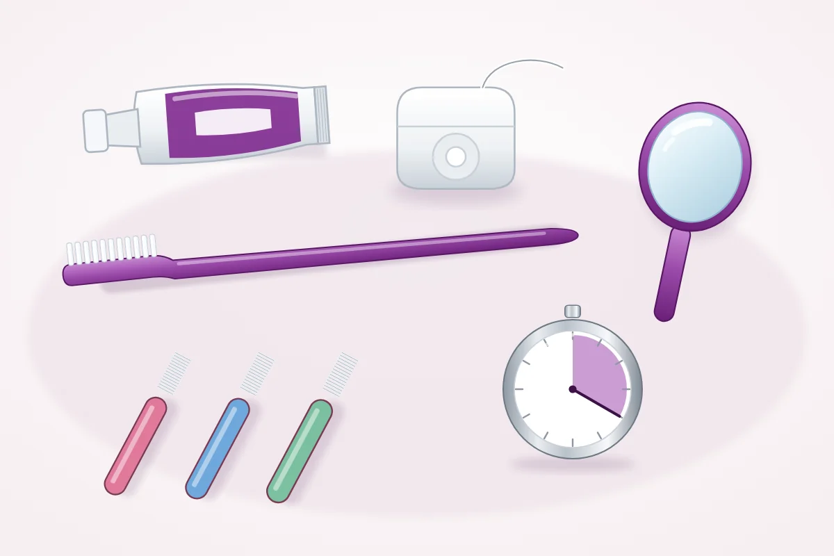 Illustration of a home gum-care kit: a soft toothbrush, fluoride toothpaste, dental floss, interdental brushes, a hand mirror and a 2-minute timer