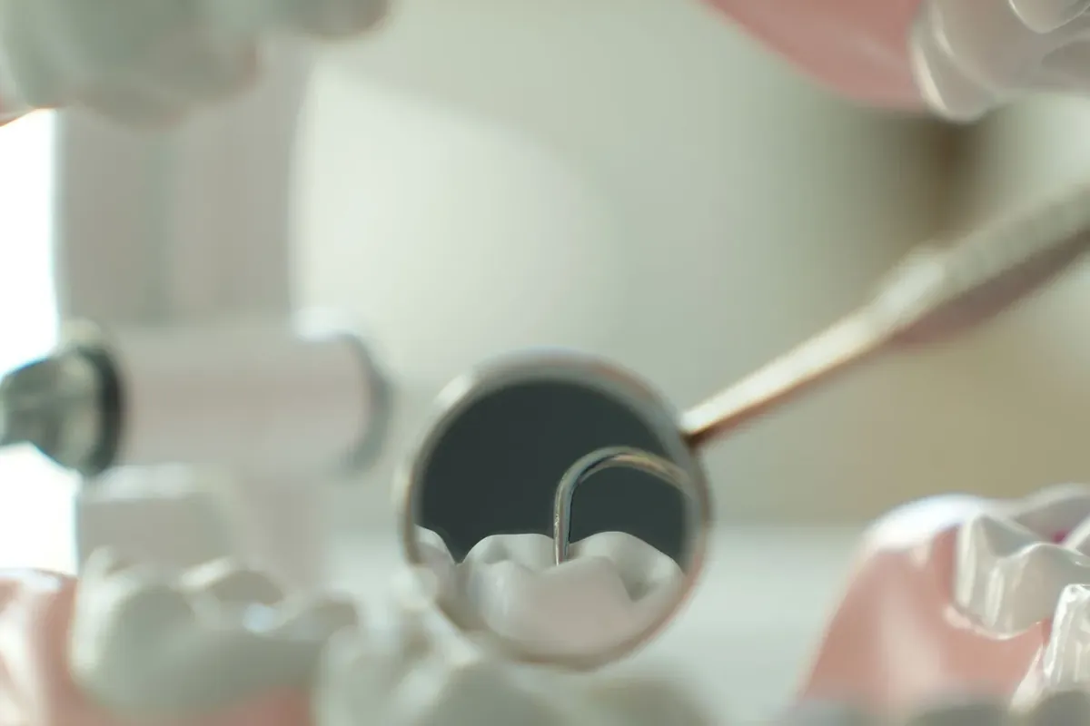 A dental mirror and instrument checking the teeth of a dental model